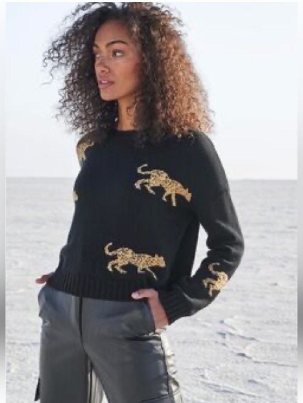 Rails Perci Intarsia Leopard Sweater in Black Jungle Cat Small